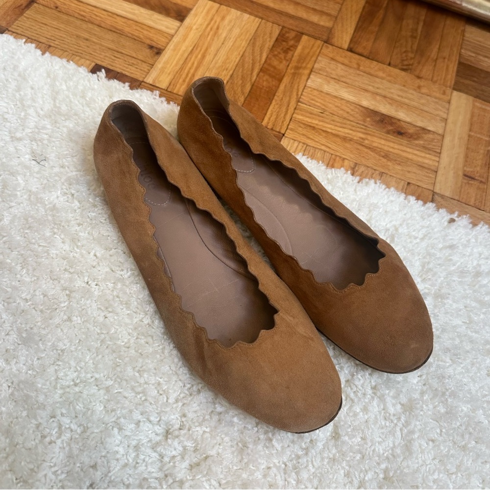Chloe Brown Suede Scalloped Ballet Flats